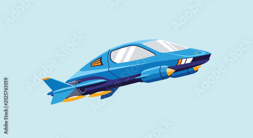Futuristic Blue Hovercraft Flying in Sky.