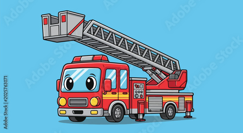 Cute Fire Truck with Ladder Cartoon Vehicle Emergency Services.