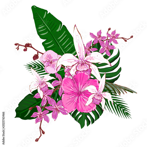 Elegant bouquet of pink and white tropical flowers and leaves. Hand drawn floral arrangement for wedding invitations, business cards, postcards, and textiles.Isolated on white background