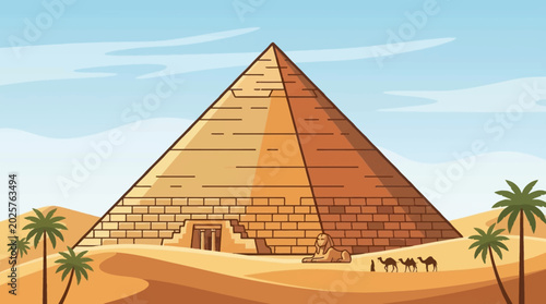 Obraz na plátně Egyptian pyramid desert landscape with sphinx and camels