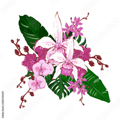 Elegant bouquet of pink and white tropical flowers and leaves. Hand drawn floral arrangement for wedding invitations, business cards, postcards, and textiles.Isolated on white background