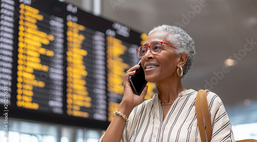 A cheerful older woman stands in an airport terminal, smiling as she talks on her phone. Behind her is a large flight information board displaying arrivals and departures.