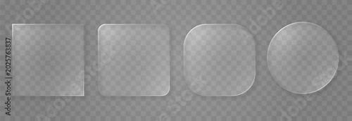 Set of glass elements in different shapes in glassmorphism style. Liquid glass effect PNG. Glass panels with liquid glass effect.