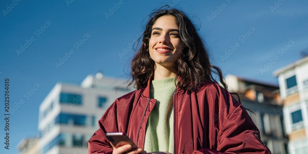 Fototapeta premium Young woman smiling while holding smartphone on urban rooftop