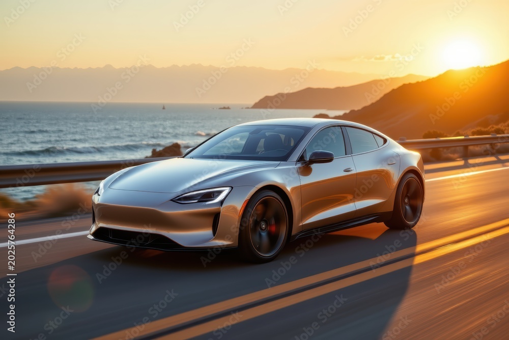Fototapeta premium Sleek silver electric car driving on coastal road at sunset with ocean and mountains in background.