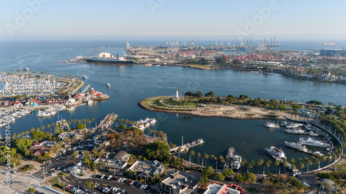 Cuadro en lienzo Drone view of Long Beach California harbor with marina bay and port