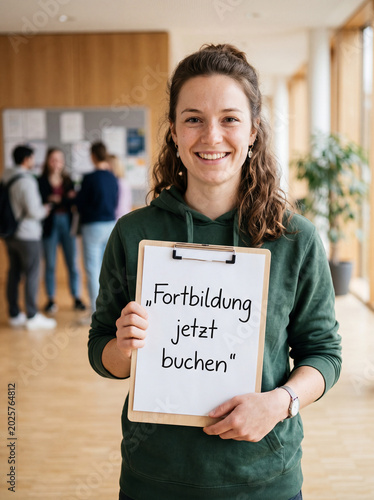 Lächelnde junge Frau im grünen Hoodie hält Klemmbrett Fortbildung jetzt buchen in Bildungseinrichtung – Weiterbildung junge Menschen