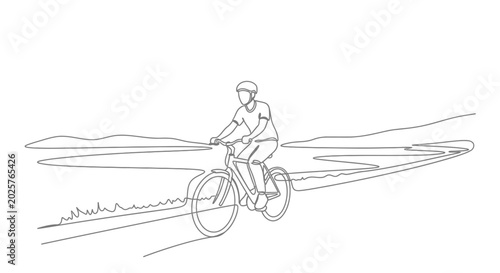 Continuous line drawing of person cycling on a scenic path with mountains and river