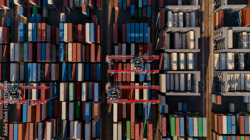 Drone view of stacked containers and cargo storage pattern