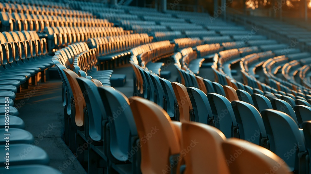 Naklejka premium Empty stadium seats bathed in golden hour light