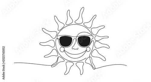 Happy Sun Wearing Sunglasses, Continuous Line Drawing