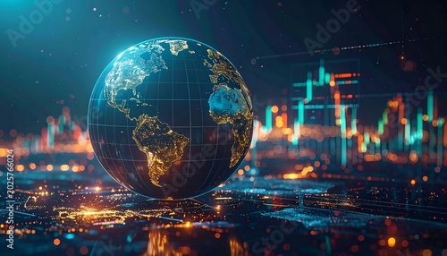 Global business concept with a luminous globe and market indicators, depicting international trading and financial analytics.