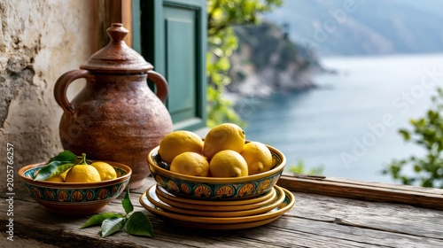 Fresh lemons in ceramic bowls on a rustic wooden table overlooking the amalfi coast