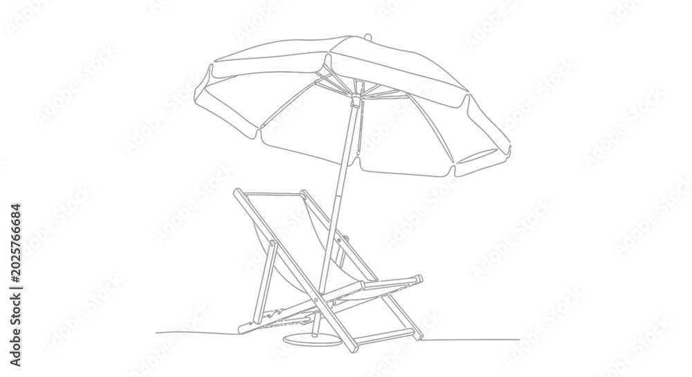 Fototapeta premium Minimalist Line Art: Beach Umbrella and Deck Chair on White Background