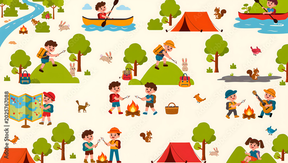 Obraz premium Cute kids camping and outdoor adventure background with playful nature scenes