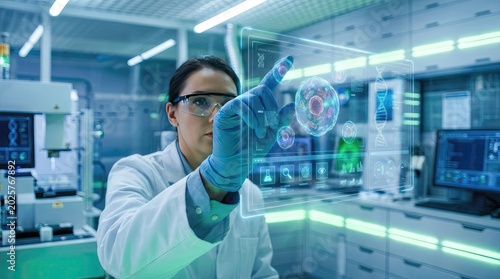 Biotech researcher’s hand manipulating holographic cell structures in a futuristic laboratory, Generated by AI