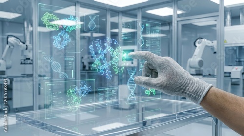 Biotech researcher’s hand manipulating holographic cell structures in a futuristic laboratory, Generated by AI