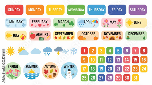 Vibrant Preschool Learning Flashcards Set Flat Vector Calendar, Weather, Days, and Months for Early Education and Classroom Resources