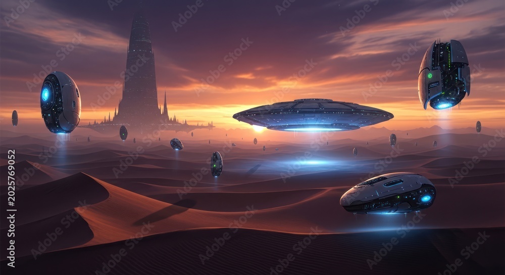 Obraz premium Futuristic alien spacecraft hovering over a desert landscape at sunset.