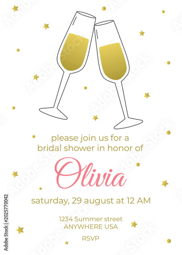 Bridal shower invitation with outline glasses of champagne and golden stars on white background.