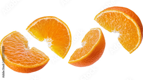 Fotografía Four juicy orange slices some with peel, isolated on transparent background