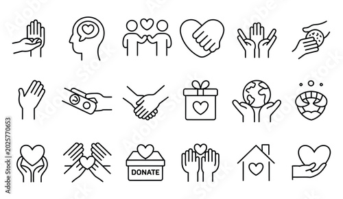 Foto Charity line icon set Featuring Empathy, Donate, volunteer and helping symbols, editable stroke vector collection for nonprofit and community support design