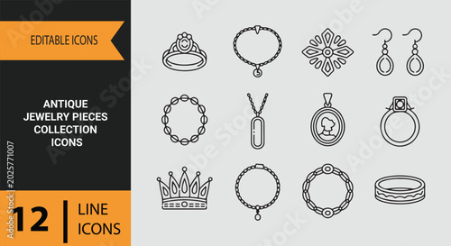 Antique jewelry pieces collection outline icons set for vintage accessories luxury ornament showcase