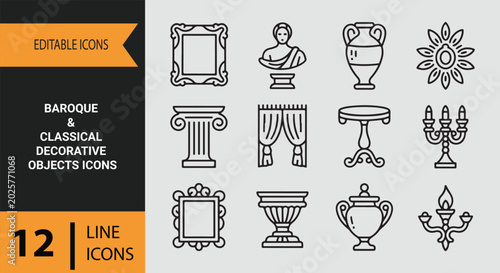 Foto Baroque classical decorative objects outline icons set for ornate vintage interi