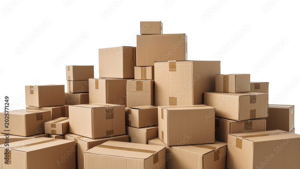 Fototapeta premium Stack of cardboard shipping boxes various sizes, isolated on transparent background