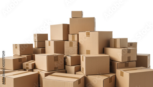 Foto Stack of cardboard shipping boxes various sizes, isolated on transparent backgro