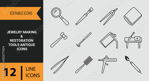 Jewelry making restoration tools antique outline icons set for craft repair workshop equipment theme