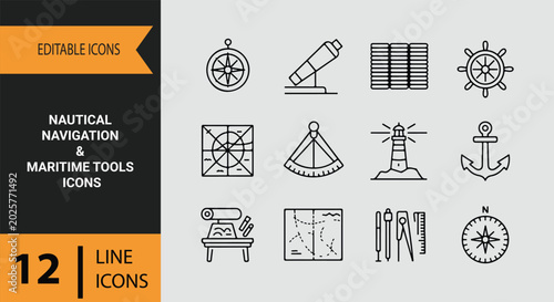 Obraz na płótnie Nautical navigation maritime tools outline icons set for sea sailing compass shi
