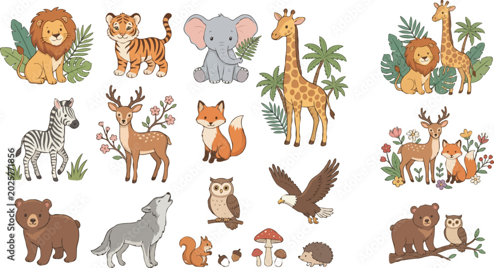 Obraz premium Cute Cartoon Forest Animals Set Featuring Lion Tiger Elephant Giraffe Zebra Deer Wolf Bear Owl Fox