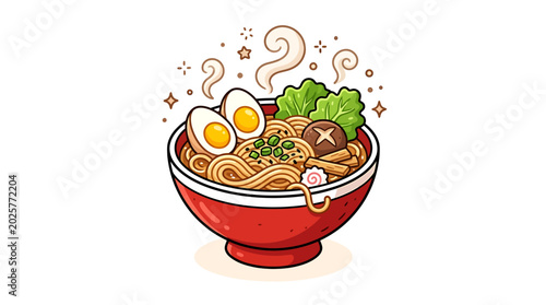 A steaming bowl of noodles with egg and vegetables  Asian food