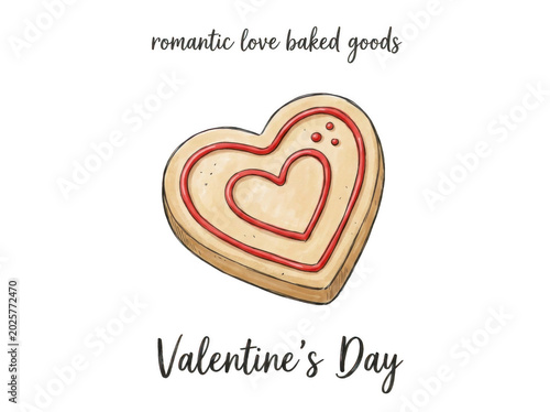 A hand-drawn of a heart-shaped sugar cookie with red icing outlines, set against a solid black background, with text labels