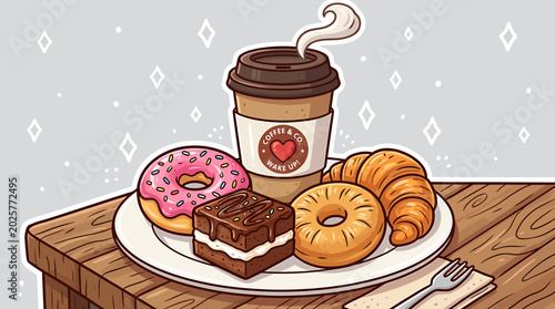 Cartoon breakfast plate with coffee cup and pastries on wooden table indoors