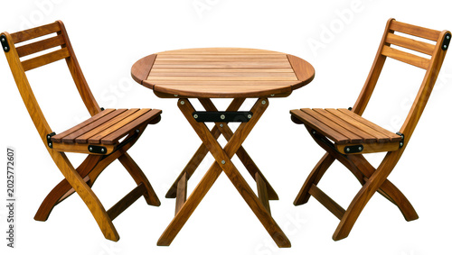 Φωτογραφία Wooden folding bistro table and chairs set, isolated on transparent background