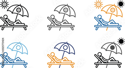 Photos Summer beach relaxation linear icon set with sun lounger umbrella and sunbathing