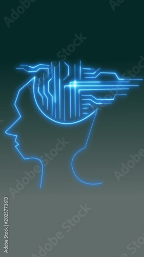 Human head silhouette with intricate brain circuit. Artificial intelligence machine learning design layout. Cyber mind data display on black.