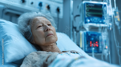 Senior patient resting in hospital bed with monitoring devices and medical equipment in clinical ward. Healthcare treatment concept