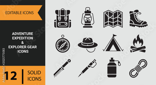 Adventure expedition explorer gear essentials collection for travel journey and outdoor discovery icons