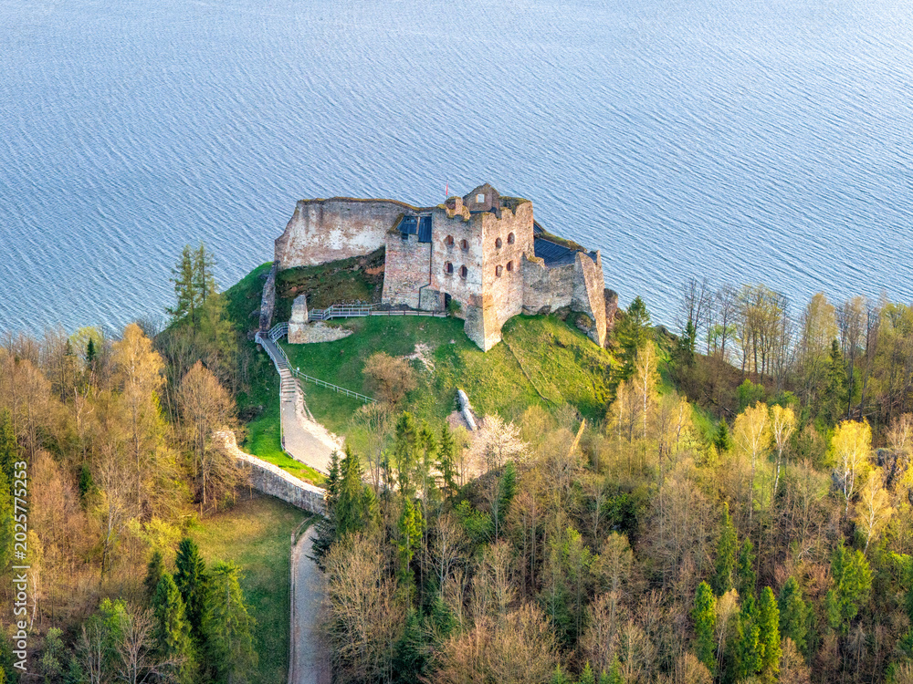 Fototapeta premium The ruins of Czorsztyn Castle are located at Czorsztyn Lake