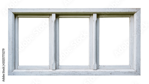 Obraz na płótnie Weathered white wooden triple casement window frame, isolated on transparent bac