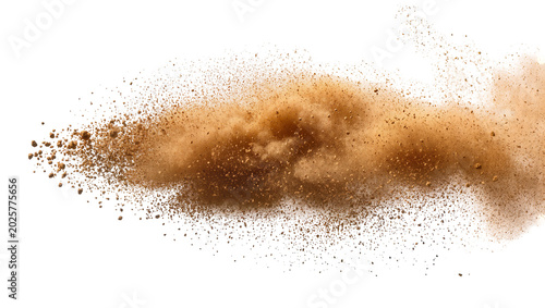 Fotografía Brown dirt particles exploding outwards, isolated on transparent background