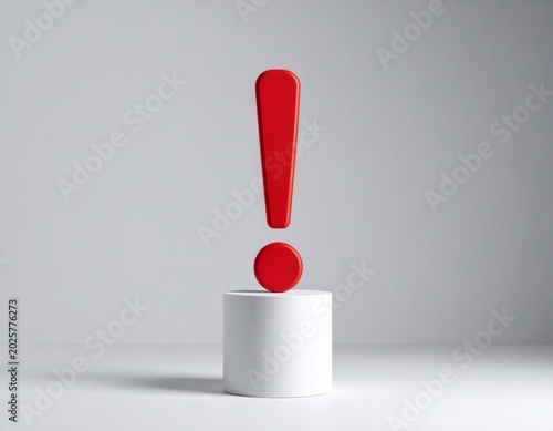 Vibrant red three dimensional exclamation mark stands centered on a sleek white cylindrical pedestal against a minimalist light grey studio background, symbolizing attention and crucial information