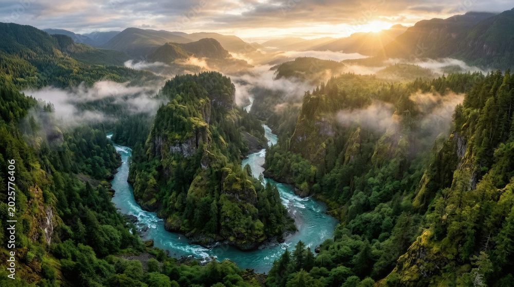 Fototapeta premium Aerial view of a serene landscape with a winding river flowing through a lush green valley surrounded by mountains and fog at sunrise