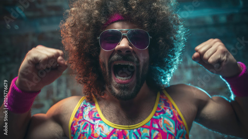 Excited man in colorful retro workout outfit celebrating in fitness studio with vibrant lighting. Retro workout energy concept