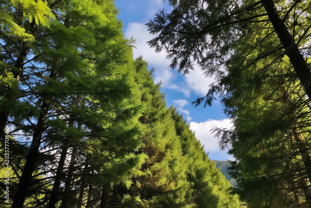 Fototapeta premium Green pine trees line a forest path. Sunlight filters through branches on a clear day. Blue sky with white clouds above nature scene. Peaceful woodland walk.