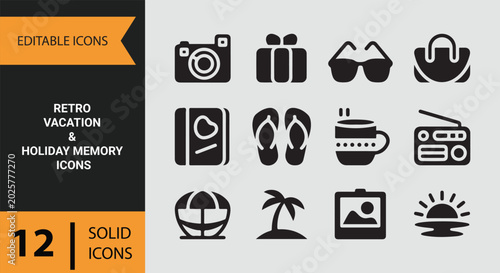 Retro vacation holiday memory collection for nostalgic travel moments and leisure experience icons