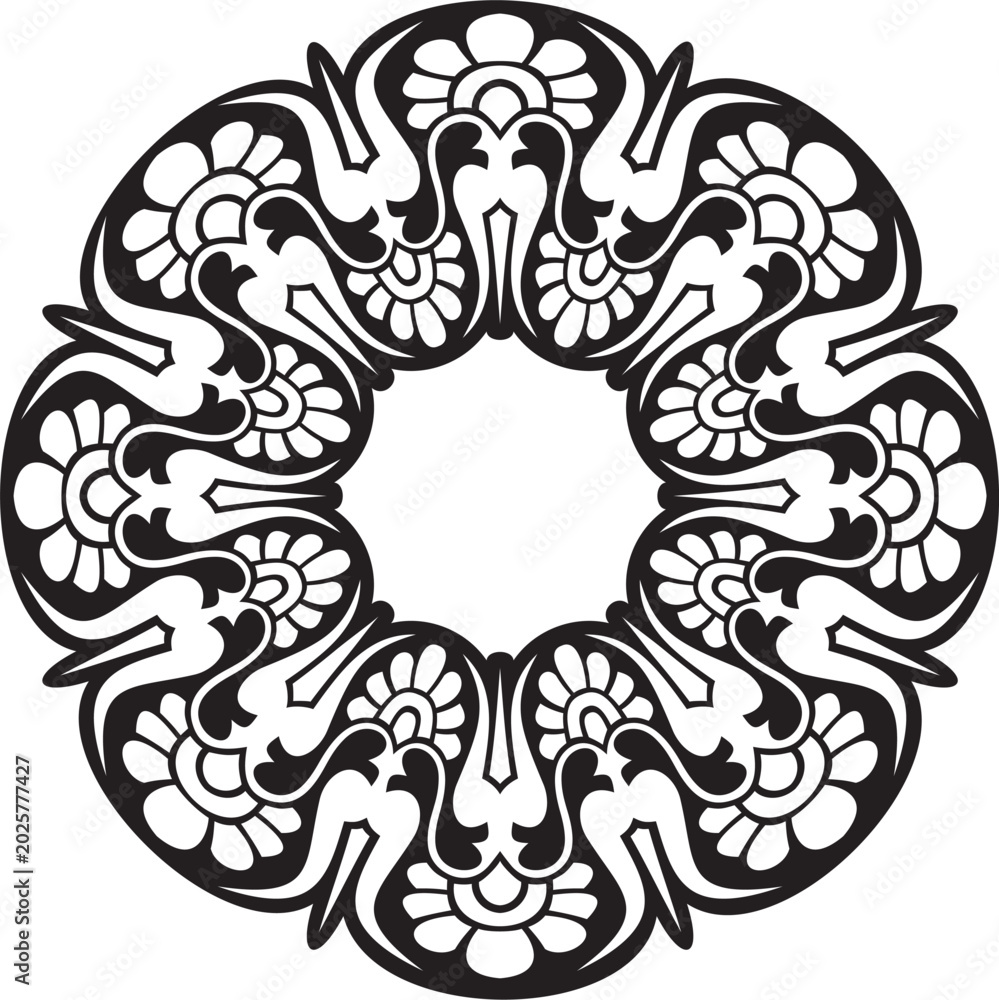Fototapeta premium Vector black monochrome classic Greek round ornament. Circle of Ancient Greece and the Roman Empire. Byzantine painting of walls, floors and ceilings. Decoration of European palaces.